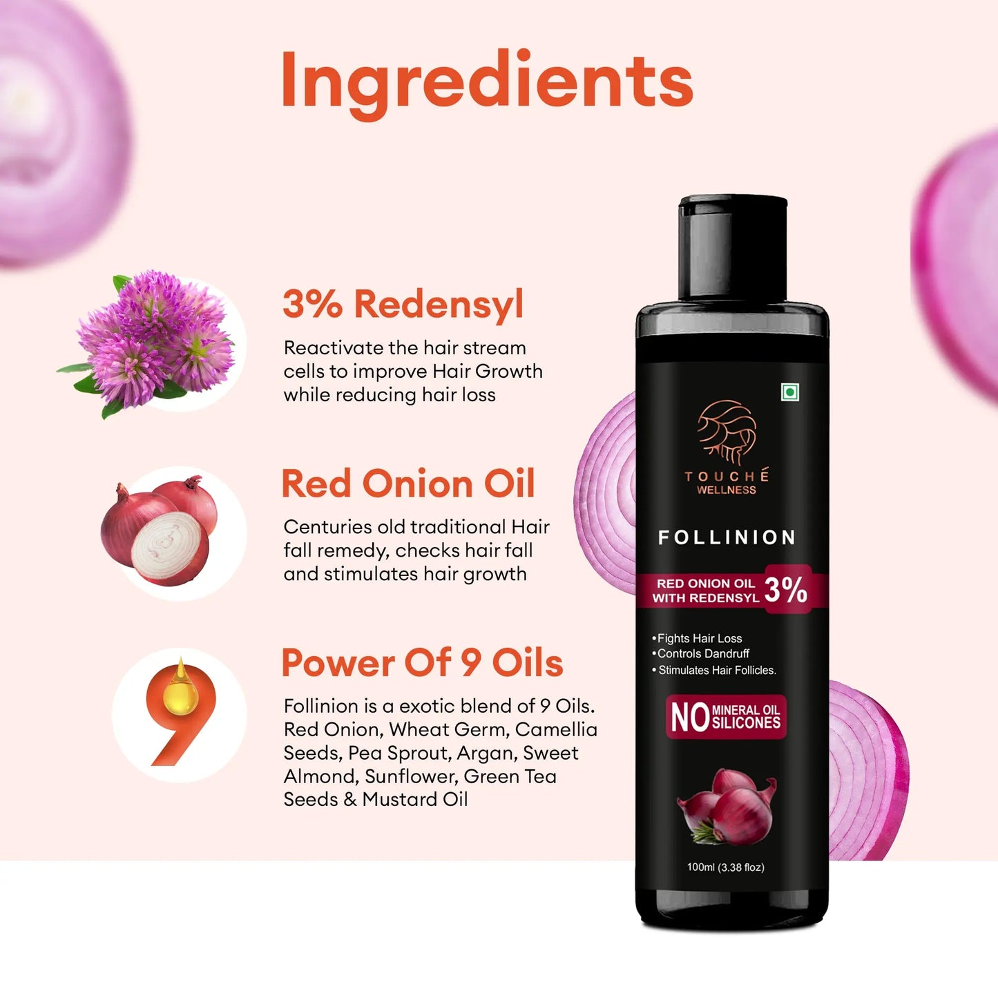 Follinion Red Onion Hair Oil With Redensyl 3% - Power of 9 Oils - For Men And Women - Helps in Preventing Hair fall & Damage, For Stronger & Dense Hair 100 ML My Store