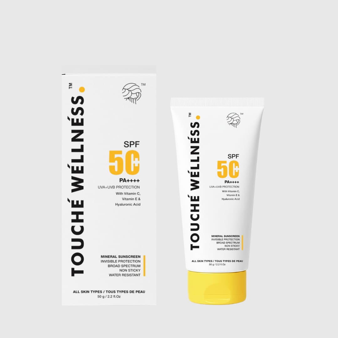 Touché Wellness SPF 50 PA++++ Mineral Sunscreen | Non-Sticky | With Vitamin C, E & Hyaluronic Acid | 50g