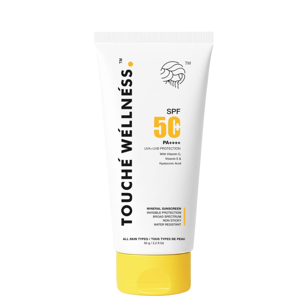 Touché Wellness SPF 50 PA++++ Mineral Sunscreen | Non-Sticky | With Vitamin C, E & Hyaluronic Acid | 50g