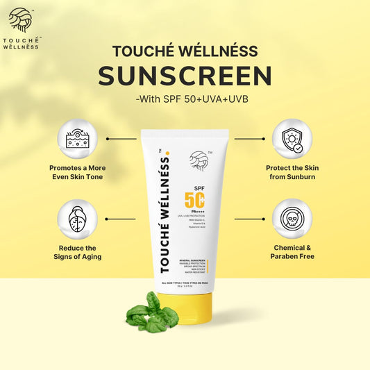 Touché Wellness SPF 50 PA++++ Mineral Sunscreen | Non-Sticky | With Vitamin C, E & Hyaluronic Acid | 50g