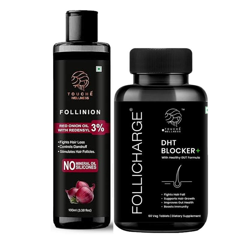 DHT Blocker Tablets + Follinion Red Onion Hair Oil Money Saver Combo