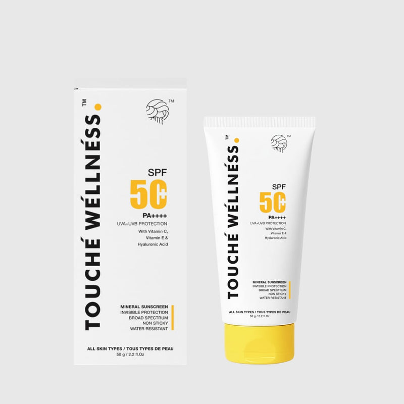 Touché Wellness SPF 50 PA++++ Mineral Sunscreen | Non-Sticky | With Vitamin C, E & Hyaluronic Acid | 50g