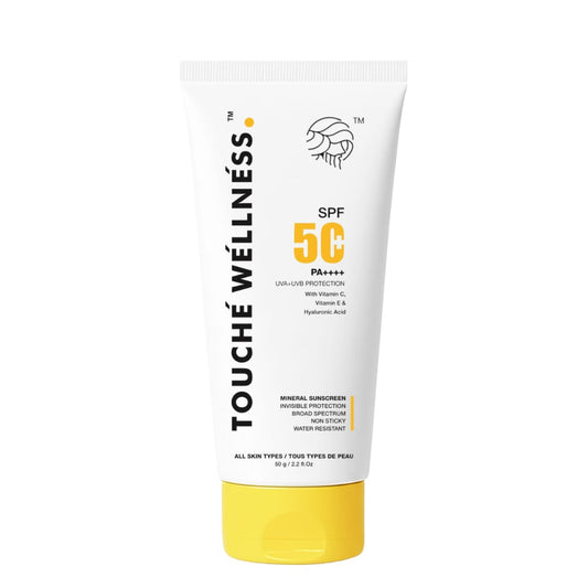 Touché Wellness SPF 50 PA++++ Mineral Sunscreen | Non-Sticky | With Vitamin C, E & Hyaluronic Acid | 50g
