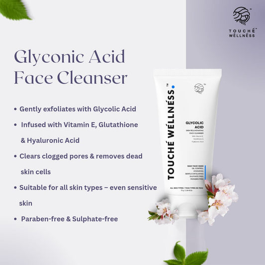 Touche Wellness Glycolic Acid Face Wash with Vitamin E, Glutathione & Hyaluronic Acid  – 75g
