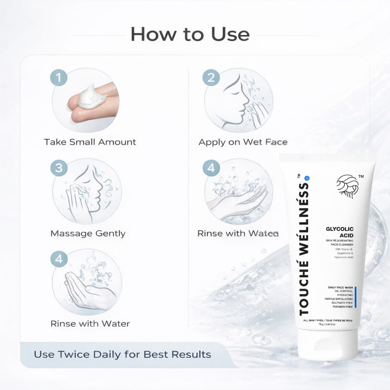 Touche Wellness Glycolic Acid Face Wash with Vitamin E, Glutathione & Hyaluronic Acid  – 75g
