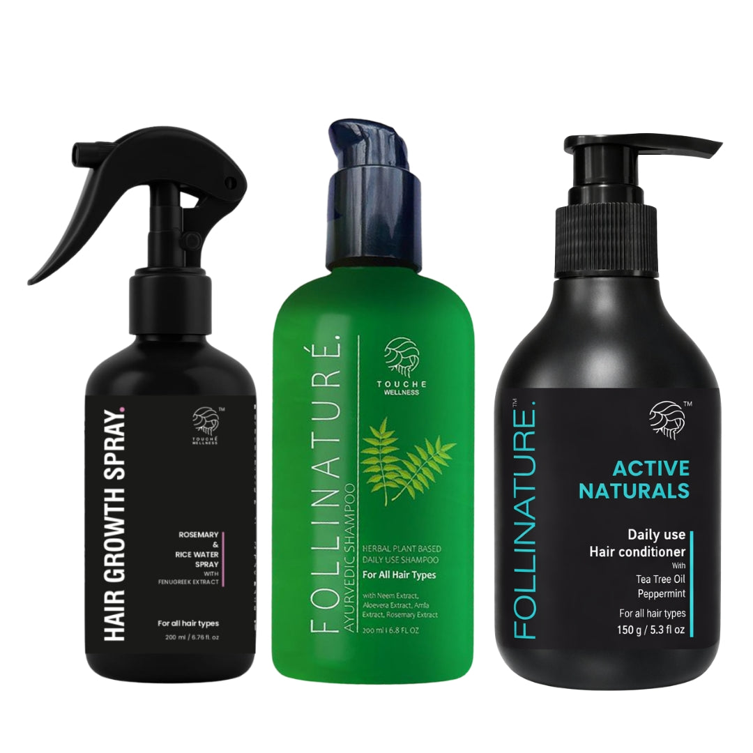 Follinature Shampoo + Follinature Conditioner + Rosemary Rice Water Hair Growth Spray Combo Pack (3 in 1)