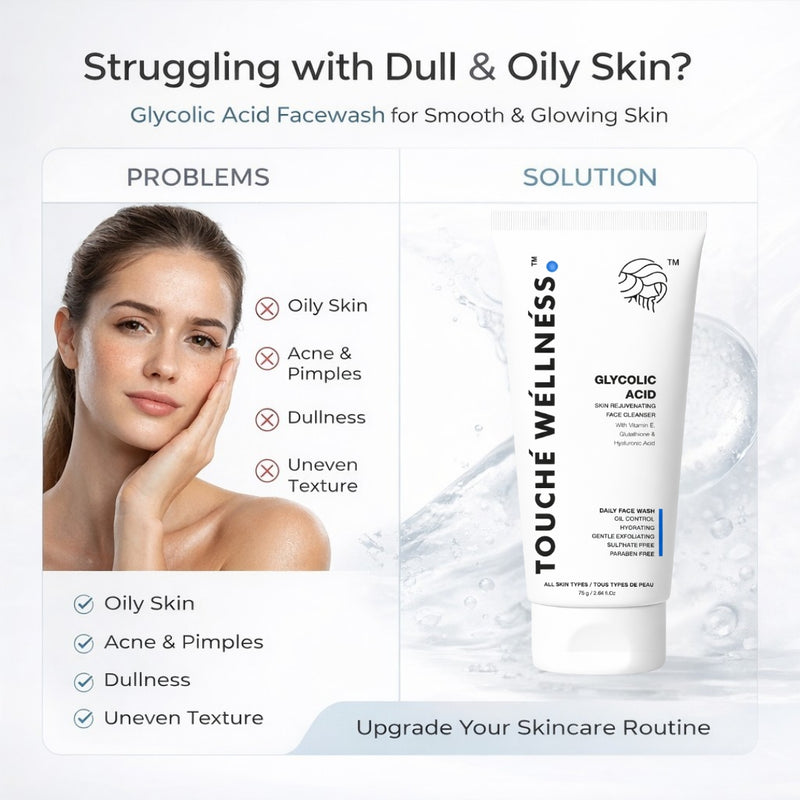 Touche Wellness Glycolic Acid Face Wash with Vitamin E, Glutathione & Hyaluronic Acid  – 75g