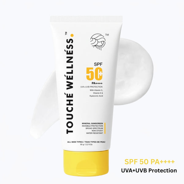 Touché Wellness SPF 50 PA++++ Mineral Sunscreen | Non-Sticky | With Vitamin C, E & Hyaluronic Acid | 50g