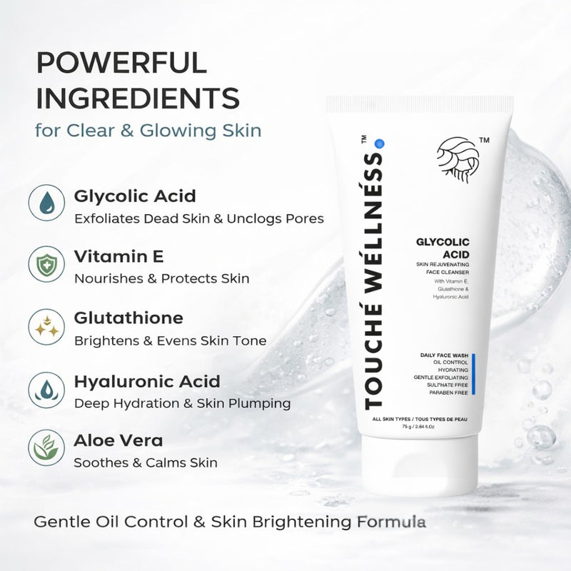 Touche Wellness Glycolic Acid Face Wash with Vitamin E, Glutathione & Hyaluronic Acid  – 75g