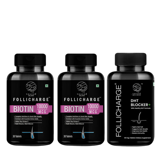 Follicharge Biotin Tablets (Pack of 2) + Follicharge Advanced DHT Blocker Tablets Combo | 60 Days Hair Nutrition & Hair Fall Control Pack